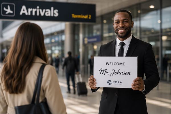 Chauffeur holding a welcome name board at arrivals