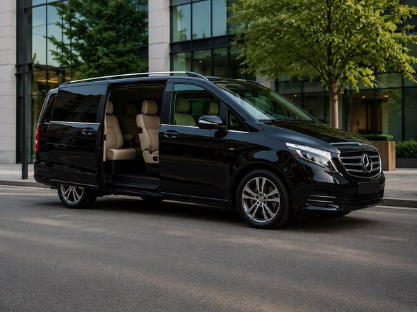 Spacious black minivan with open doors