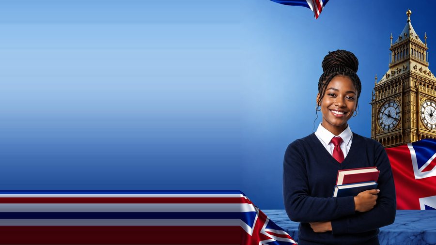 UK student holding books beside Big Ben and the Union Jack flag, with clean blue space for text