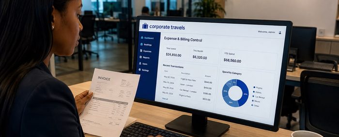 Corporate travel expense dashboard on a monitor