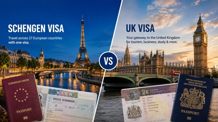 Split comparison of Schengen Visa (Eiffel Tower) and UK Visa (Big Ben) with passport imagery