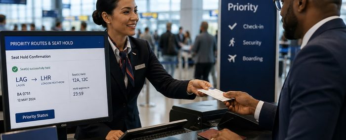Airline agent confirming a priority seat hold at the check-in counter