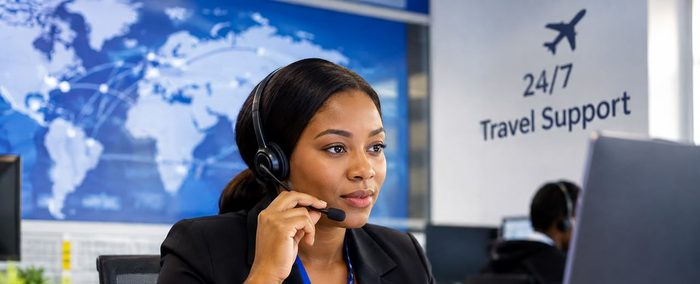 Corporate travel support agent on a headset in front of a 24/7 Travel Support sign