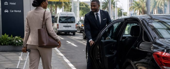 Professional chauffeur opening a car door for a corporate traveler at airport curbside pickup