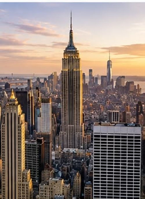 The New York City skyline at sunset