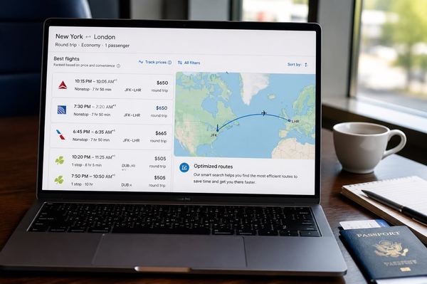 Laptop displaying an optimized flight route search with pricing comparison