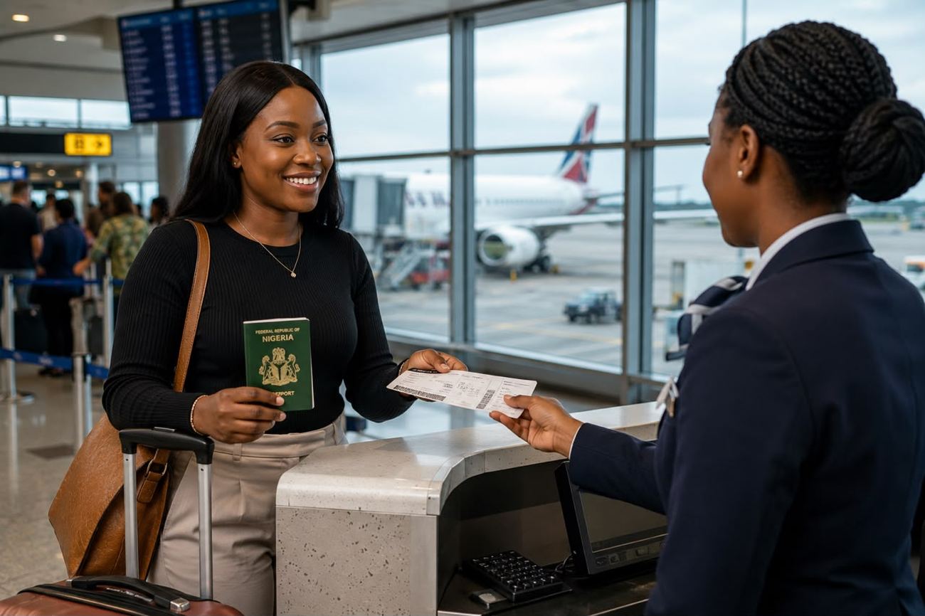 Traveler receiving her boarding pass at the check-in counter