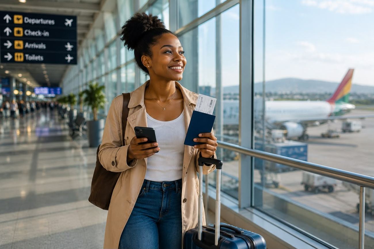 Traveler with passport and boarding pass at the airport departure window