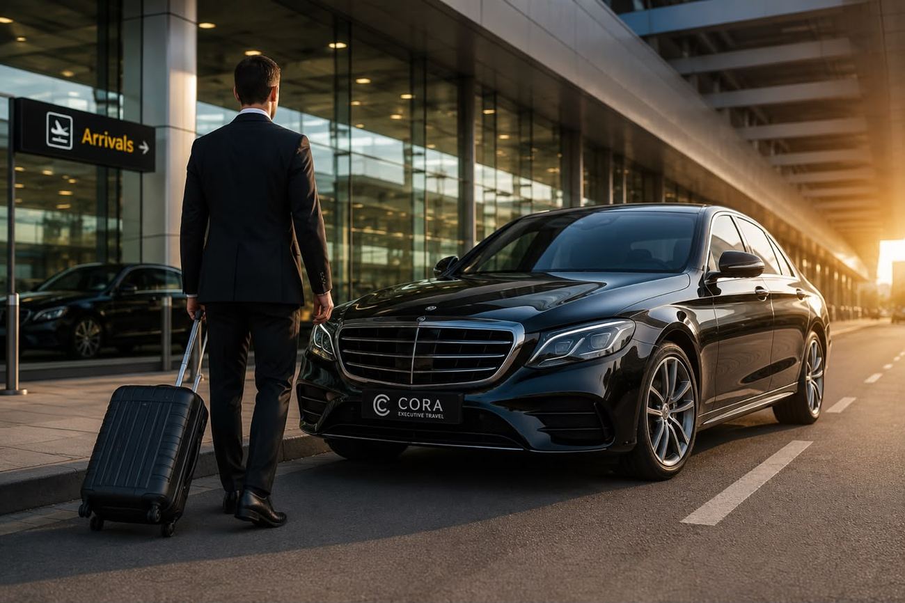Chauffeur with luggage beside a premium sedan