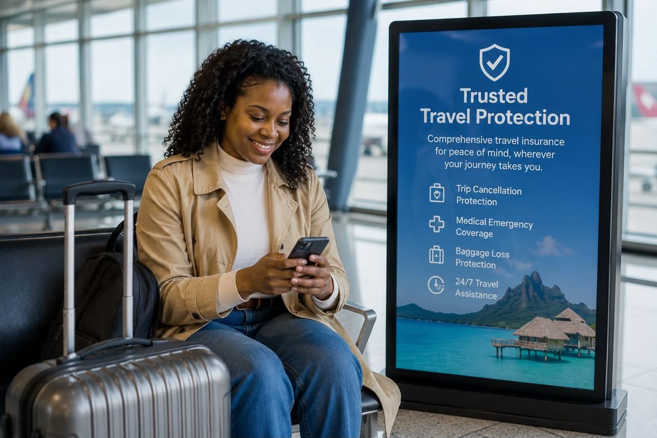 Smiling traveler with luggage beside a Trusted Travel Protection signage board