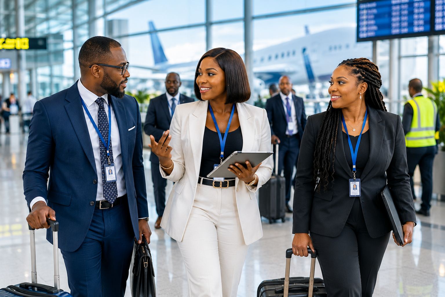 Corporate travelers walking through the airport with their luggage