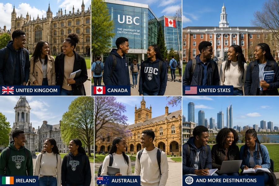Collage of students at global university campuses including UK, Canada, USA, Ireland, and Australia