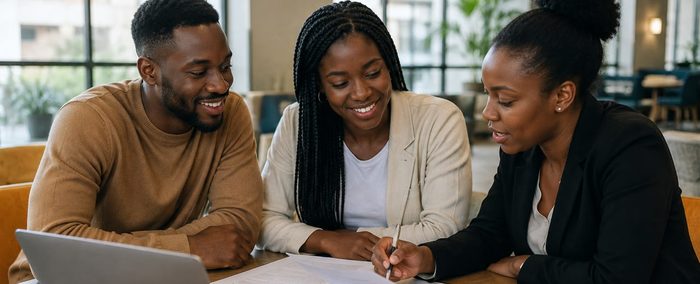 Academic pathway consultant reviewing course options with a smiling couple