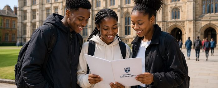 Smiling students holding their university admission offer letter outside a UK campus