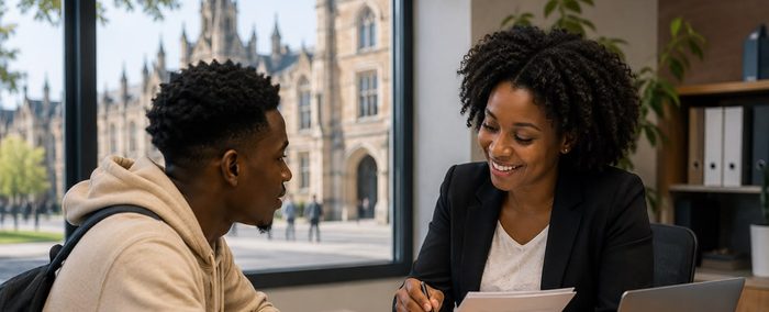 Visa consultant reviewing documents with a student outside a university campus