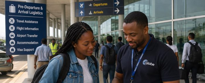 Airport logistics staff assisting a student traveler beside a Pre-Departure and Arrival Logistics signage board