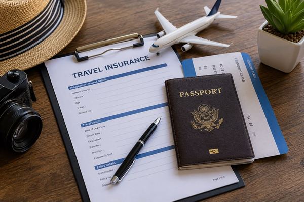 Travel insurance paperwork with passport and boarding pass