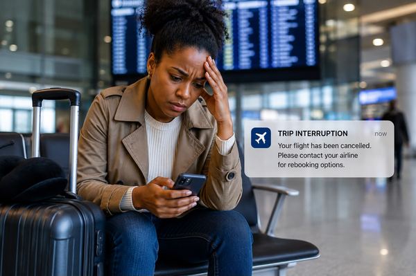 Traveler receiving a trip interruption notification at the airport
